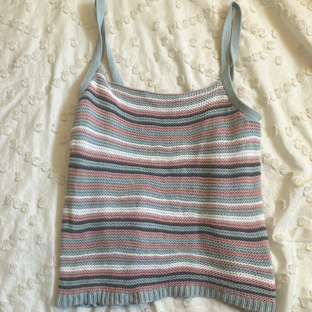 Knit, blue, pink, white, and grey striped tank top